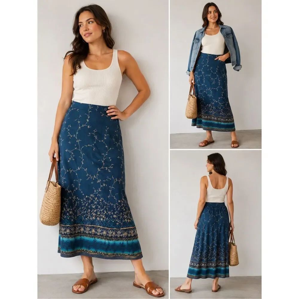 Worthington Blue Floral Wrap Midi Skirt Women’s Plus Size 22W Boho A-Line